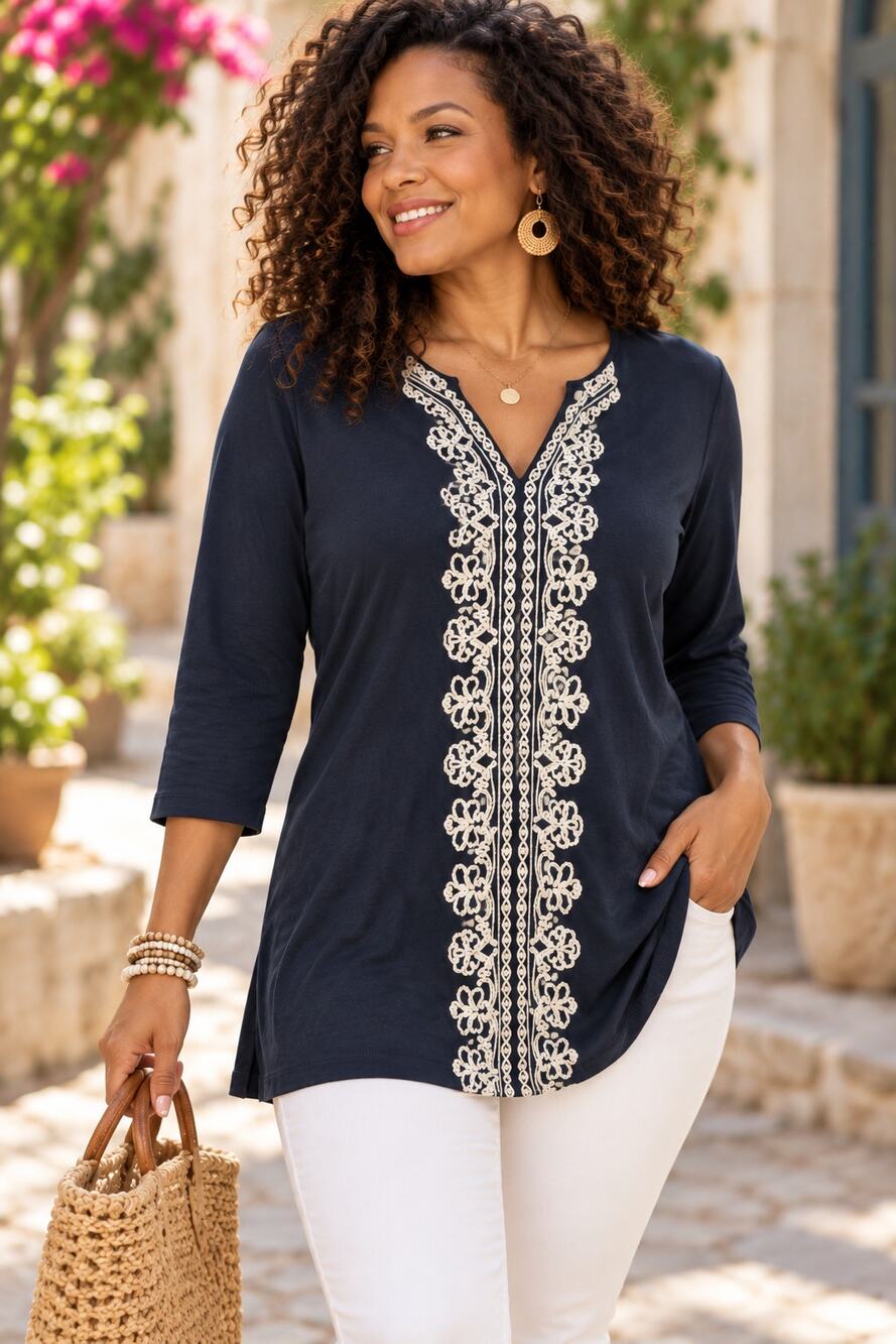 J. Jill Embroidered Tunic Top Women Small Navy Cotton Modal Boho 3/4 Sleeve